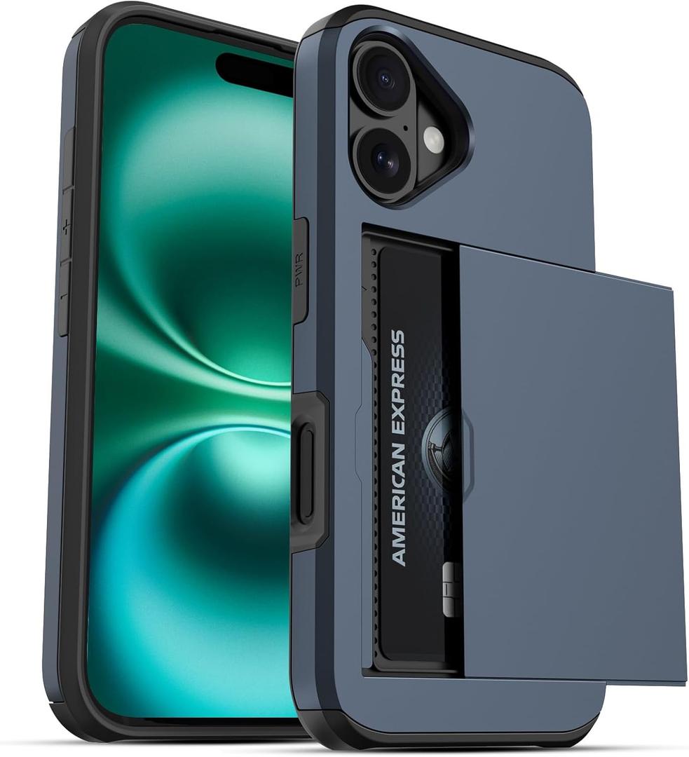 Jiunai for iPhone 16 Wallet Case, Credit Card Holder for 2 Cards Slide Cover, Hidden Pocket for IDs License, Protective Dual Layer Slim Wallet Phone Case for iPhone 16, 6.1 inch Men Women - Navy