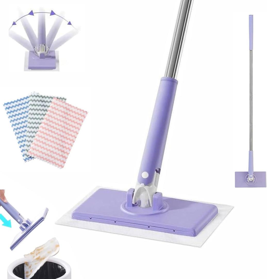 Snap Grip Mini Mop, Uses Disposable Face Towel with One-Button Clamping, Hands-Free Replacement, Automatic Cloth Changing Mini Mop, Portable Wet Dry Mops for Home Bathroom (Purple, 27.9in)