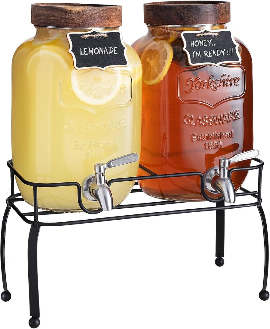 mustry Glass Drink Dispenser for Parties, 1 Gallon Beverage Dispenser with Stand and Spigot Solid Stainless Steel, Used as Lemonade Dispenser Sun Tea Jar Kombucha Jar, Set of 2