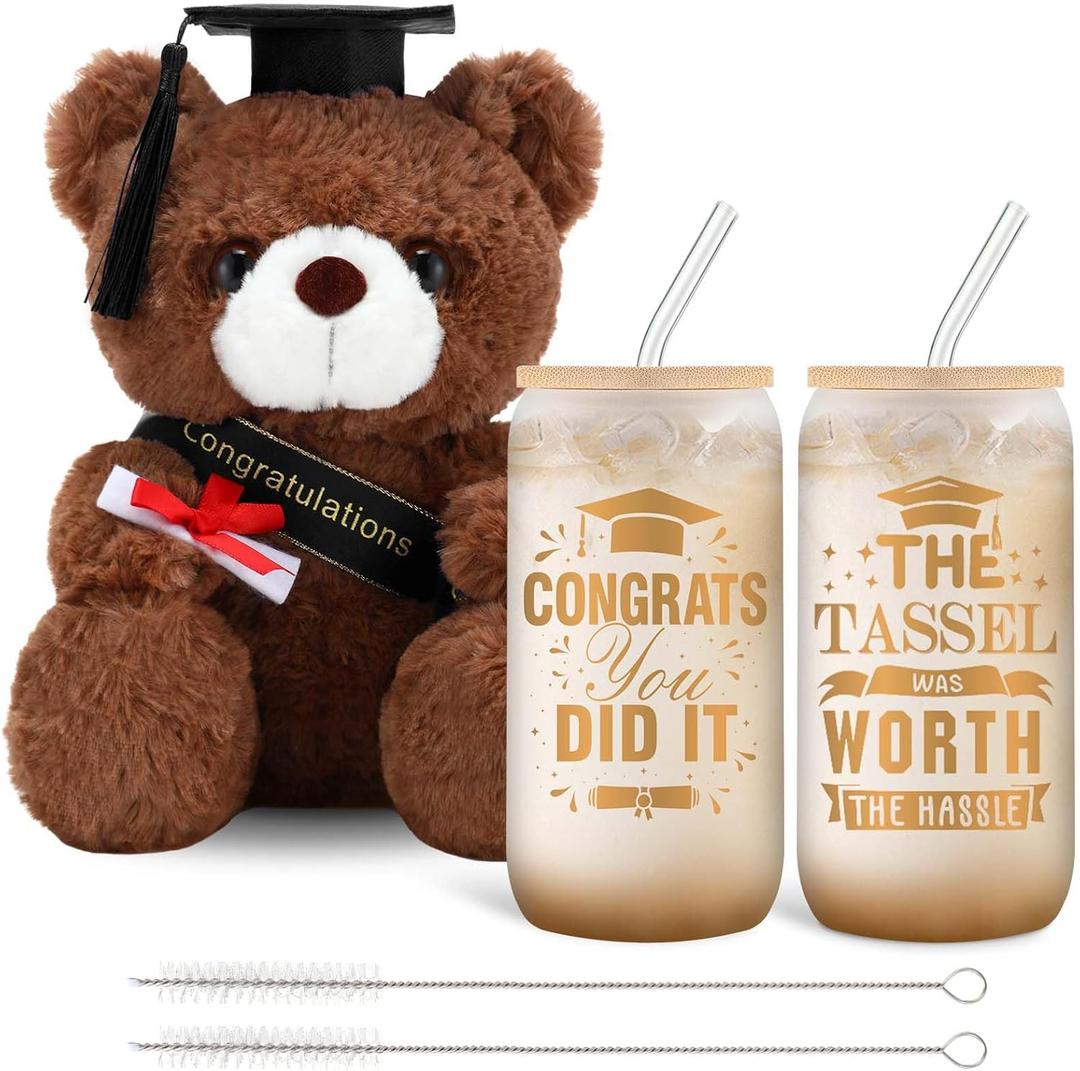 3 Pcs 2025 College Graduation Gifts for Her Congrats Grad Include Glass Cups and Stuffed Bear, Can Cups with Lids and Straws for College University Class of 2025 Party New Job(Gold)