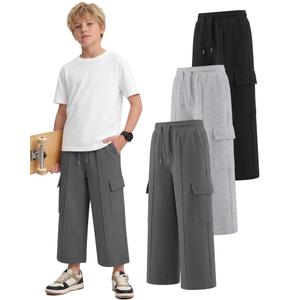 Langyiwee 3 Pack Boys Capri Pants Drawstring Elastic Waisted Teens Cargo Joggers Pull on Casual Sweatpants with Pockets(Dark Gray, Light Heather Gray, Black,13-14 Years)