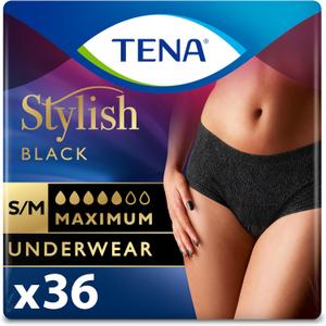 TENA Stylish Black Incontinence Cotton Underwear for Women, Maximum Absorbency, Small/Medium, 36 ct (2 Packs of 18)