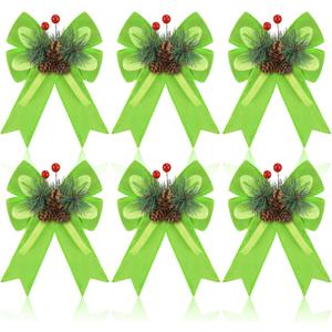 Syhood 6 Pcs Christmas Velvet Bow with Pine Cones Pine Needles Berries Xmas Lime Green Ribbon Bow Ornaments 6.3 x 5.1 Inch for Christmas Tree Wreath Garden Fireplace Crafts DIY Decor