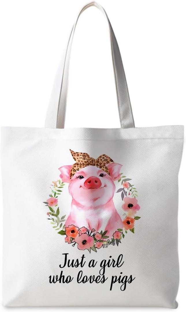Preppy Animal Tote Bag, Animal Canvas Tote Bag, Reusable Grocery Shopping Shoulder Bags (Pig)
