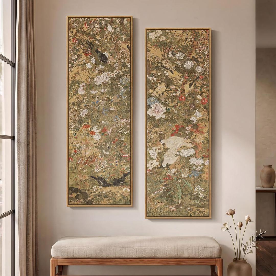 Framed Vintage Long Narrow Chinoiserie Wall Art for Living Room, 60x20 Inch, 20" W x 60" H x 2 Pcs