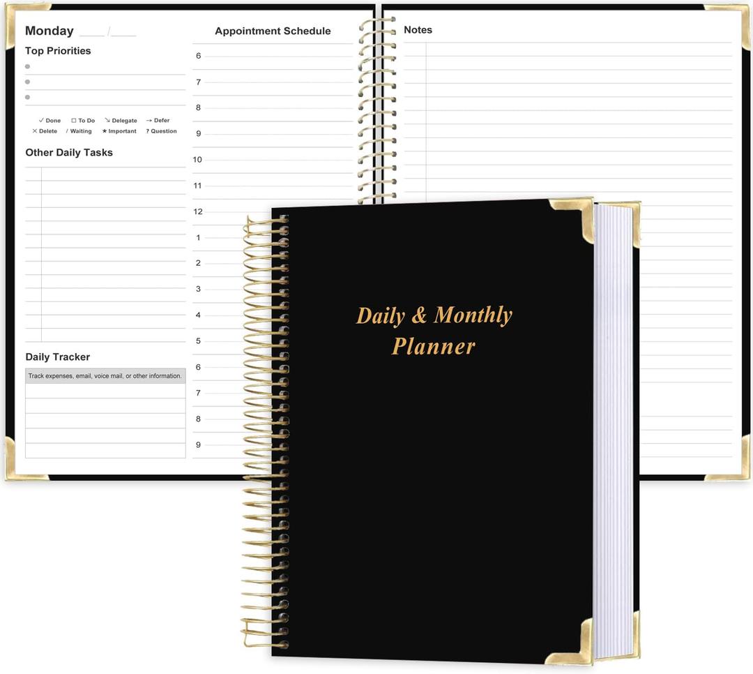 Undated Daily Monthly Planner for 2026 or Anytime - A4 To Do List with Hourly Schedule, Hardcover Spiral Bound Daily Planner to Increase Focus, Stylish School/Office Supplies, 8.5" x 11", Black
