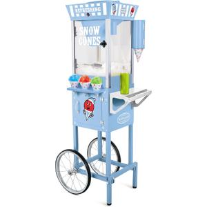 Nostalgia Snow Cone Shaved Ice Machine - Retro Cart Slushie Machine Makes 72 Icy Treats - Includes Metal Scoop, 2 Syrup Bottles, 100 Paper Cups/Spoons, Storage Compartment, Wheels - Blue, 54" Tall
