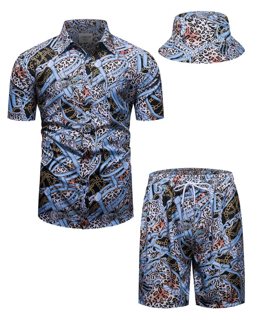 fohemr Mens Luxury Outfit Set Black Gold Shirts And Shorts 2 Piece Tracksuit Set Baroque Button Down Chain Print Suit with Bucket Hats Blue XX-Large (XXL)