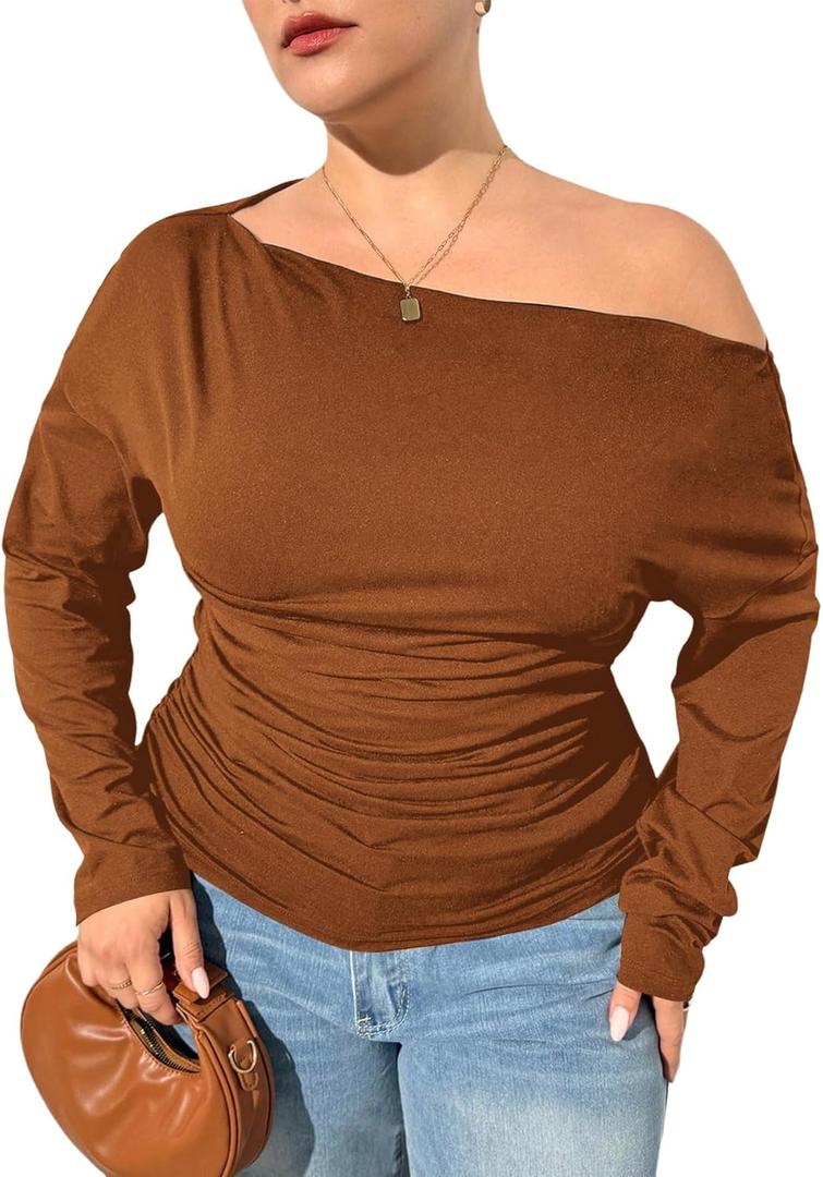 Women's Plus Size Off Shoulder Ruched Tops Long Sleeve Slim Fit Tee Shirts Elegant Basic Top (XX-Large Plus, Brown)