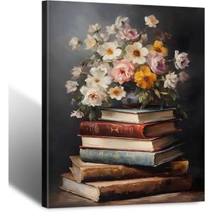 Moody Flower Books Canvas Wall Art, Framed Wall Art Vintage Floral Books Still Life Pictures Rustic Antique Prints Dark Academia Floral Artwork for Bedroom Living Room Decor (12x16inch)