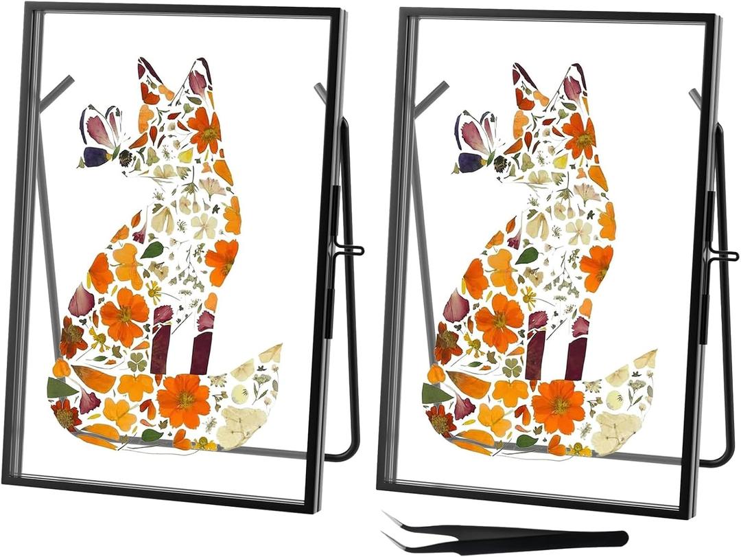 2 PCS Floating Double Picture Frame Hinged Folding, 4x6 Elegant Thin Edge Metal Real Glass Brass Photo Frames for Tabletop Wall Display, Christmas Day Gift Home Decorative Art Cfafts,Vertical, Retangle, Black