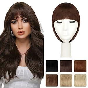 FeidyLong Bangs Hair Clip Extensions French Bangs Natural Thick Curved Fringe with Long Temples Clip-in Straight Hairpiece for Women(French bangs, medium brown)