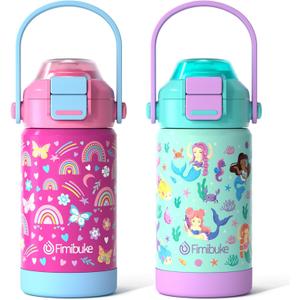 Fimibuke Kids Insulated Water Bottle with Pop-Open Straw & Spout 2-in-1 Lid, 14oz Leak Proof 18/8 Stainless Steel Vacuum Tumbler, BPA-Free Kids Cup For Travel School Girls Boys Toddler 2Packs (A3.Rainbow+Mermaid)