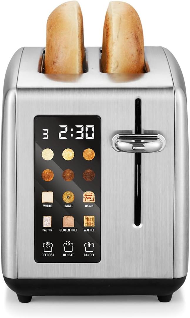 Elite Gourmet 2-Slice Toaster with Digital Countdown, Extra-Wide Slots for Bagels & Thick Bread, One-Touch Presets, Stainless Steel, Defrost/Reheat/Cancel (Gloss Black)