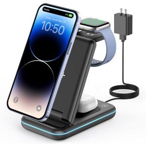 GEEKERA 3 in 1 Wireless Charging Station, Foldable Wireless Charger Stand for Multiple Apple Devices for iPhone 17 16-8, Apple Watch Ultra//11/10/9/SE/8/7/6/5, AirPods Pro/4/3/2 (Black)