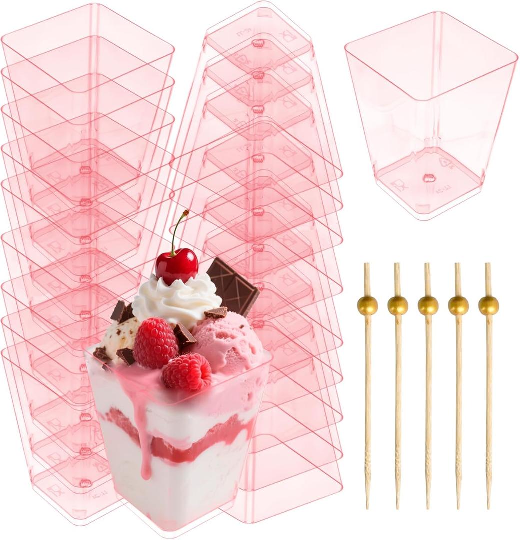50 Packs Square Appetizer Cups with 100PCS Bamboo Stickers for Party,Clear Plastic Charcuterie Cups with Sticks Suitable for Fruit, Snack, Dessert,Parfait(Pink), 5 ounces
