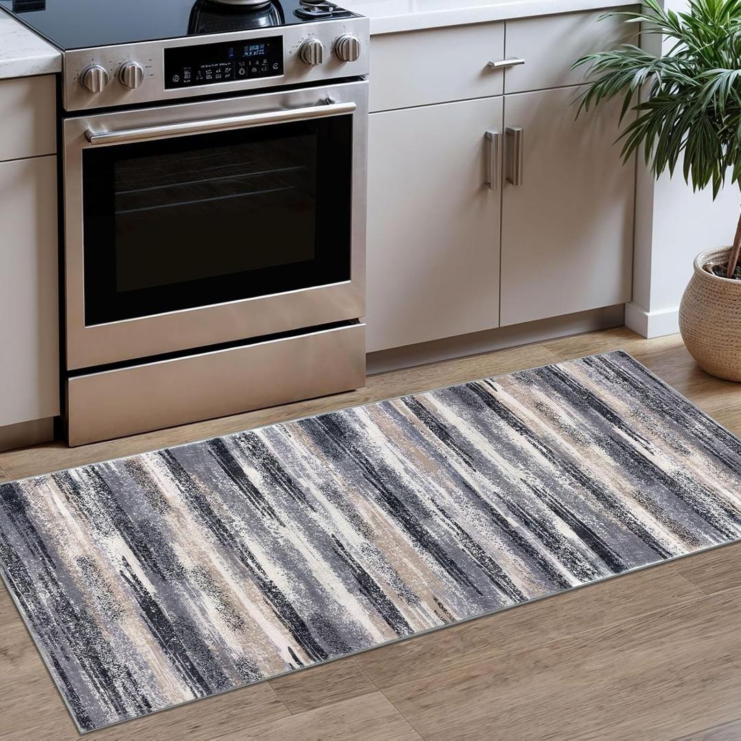 Modern Abstract Runner Rug 2x5, Grey Black Multi Washable Kitchen Runner Entryway Rug Mat Non-Slip Soft Hallway Rug Runner Thin Print Faux Wool Carpet for Bedroom Laundry Room Indoor (2' x 5' (Runner), Grey Navy Blue Black Cream Tan)