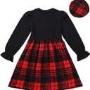 Girls Fall Winter Dress Plaid Ribbed Ruffle Long Sleeve Dress with Beret Hat 2Pcs Girls Casual Party Dresses for 6-12 Years