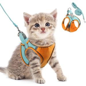 ORIA Pet Harness, Dog Harness, Cat Harness and Leash Set, Breathable Pet Vest, Reflective Strips Jacket for Small Kitten, Puppy, Rabbit, Orange and Blue, 4.4 to 6.6lb (XXS)