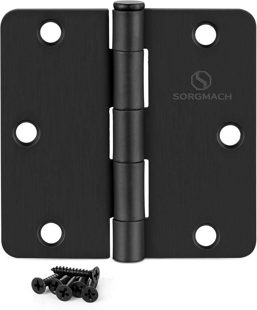 Door Hinges 3 1/2 Inch Matte Black 3.5 Inch Interior Hinges 1/4" Radius Iron Hinge 3 "x 3 " Door Hardware - 18 Pack