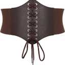 Corset Belt for Women Lace Up Elastic Leather Waist Corset Tied Waspie Belt for Renaissance Pirate Halloween Costume (Fit Waist Size 24"-26", 3-coffee)