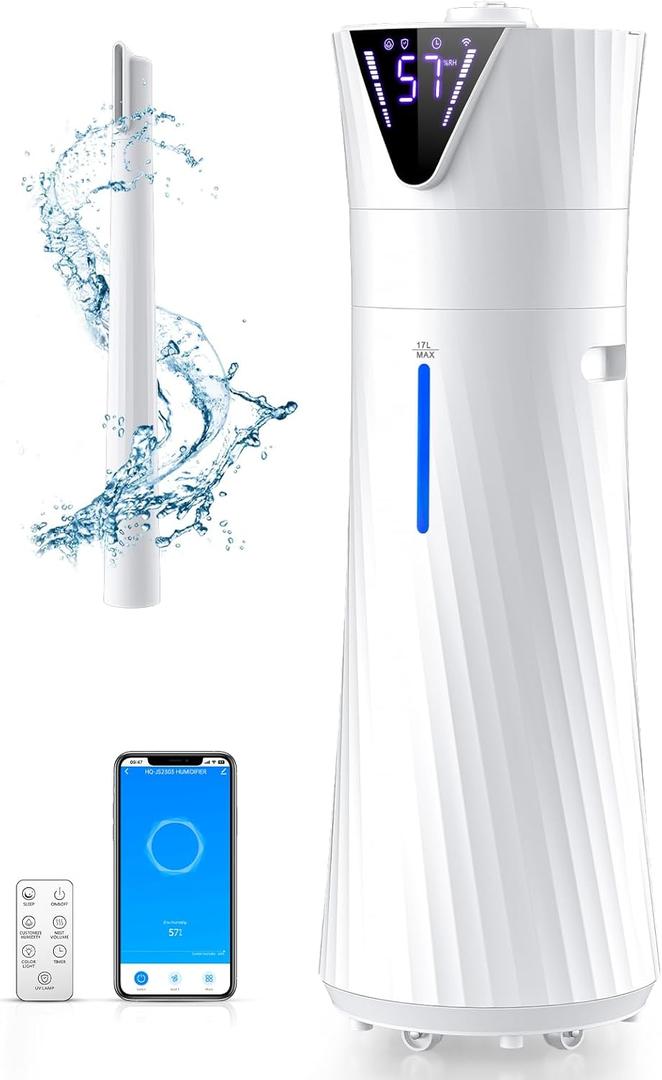 Smart Humidifier Large Room for 2000 sq ft, 17L/4.5Gal Humidifiers for Bedroom with Wi-Fi App & Remote Control, Ultrasonic Cool Mist Large Humidifiers for Home with Essential Oil Box, 3 Speed (White)