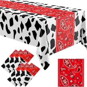 Oudain 6 Pcs 54 x 108 Western Party Decorations Cowgirl Rodeo Paisley Tablecloths Plastic Rectangle Table Runner Table Cover Birthday Decorations for Western Cowboy (Red)