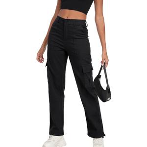 FREEOAK Women's Y2K Baggy Cargo Pants High-Waist Hiking Trousers with Elastic Band Relaxed Fit Wide Leg Pants Streetwear Size Small A - Black