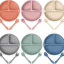 Potchen 6 Pack Suction Plates for Baby with Spoon Fork Divided Toddler Plate with Suction Silicone Baby Self Feeding Set for Boys Girls (Dark Gray, Army, Dark Blue, Orange, Khaki, Pink)