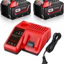 2-Pack 18V 7.0Ah Replacement for Milwaukee 18V Battery and Charger(red) Combo Compatible with Milwaukee Battery 48-11-1865 48-11-1850 48-11-1862 Cordless Power Tools
