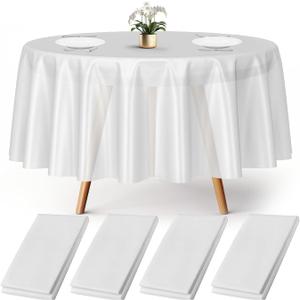 Prestee Plastic Round Tablecloths 84 Inches, 24 Pack White Disposable Table Cloths for Parties, Waterproof and Stain-Resistant Round Table Covers for Weddings, Holidays, Events, and Fine Dining