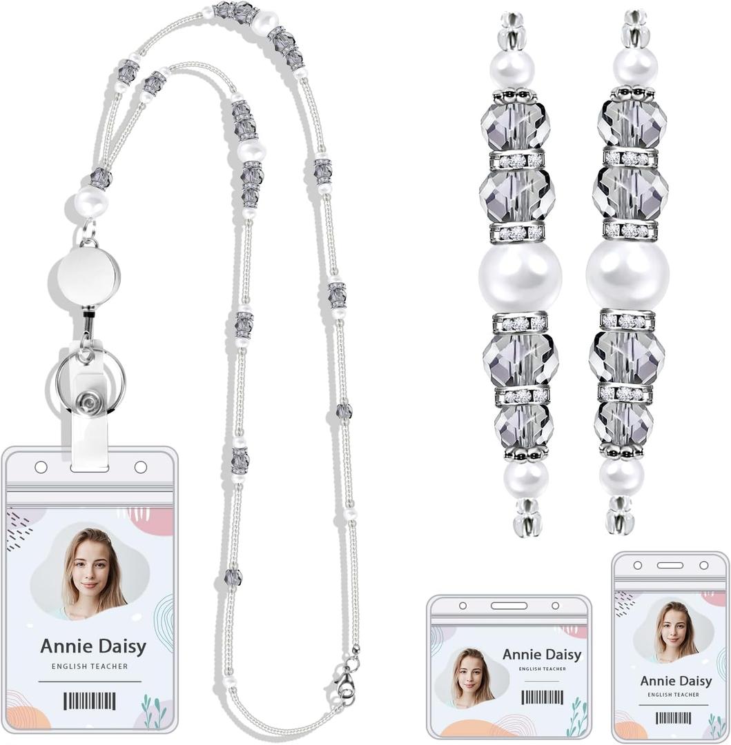 Teacher Lanyards for ID Badges and Keys, Beaded Retractable Reel Badge Lanyards with ID Holder for Women, Graceful Pearls and Crystals (Electroplated Grey)