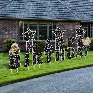 Jetec 18 Pieces Happy Birthday Yard Signs with Stakes, 16 Inches Birthday Outdoor Lawn Signs, Cake Balloon Patio Decorations, Garden Lawn Decorations for Party Outdoor Decor (Black)