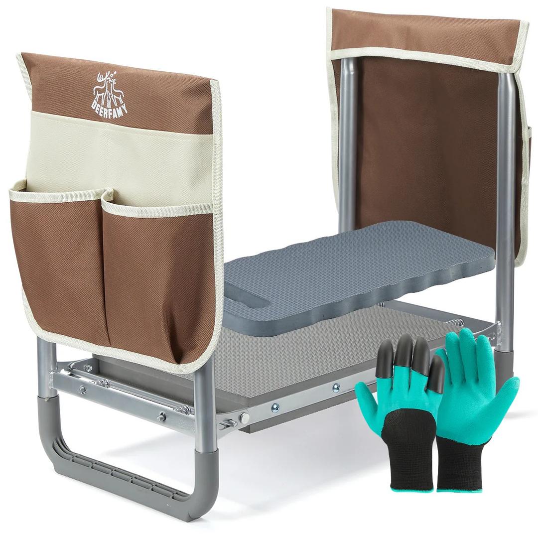 DEERFAMY Garden Stool 10.2" Width, Garden Kneeler and Seat Load Cap 350 lbs, Gardening Gift Heavy Duty with Extra Kneeling Pad, 2 Tool Pouches, Claw Gloves