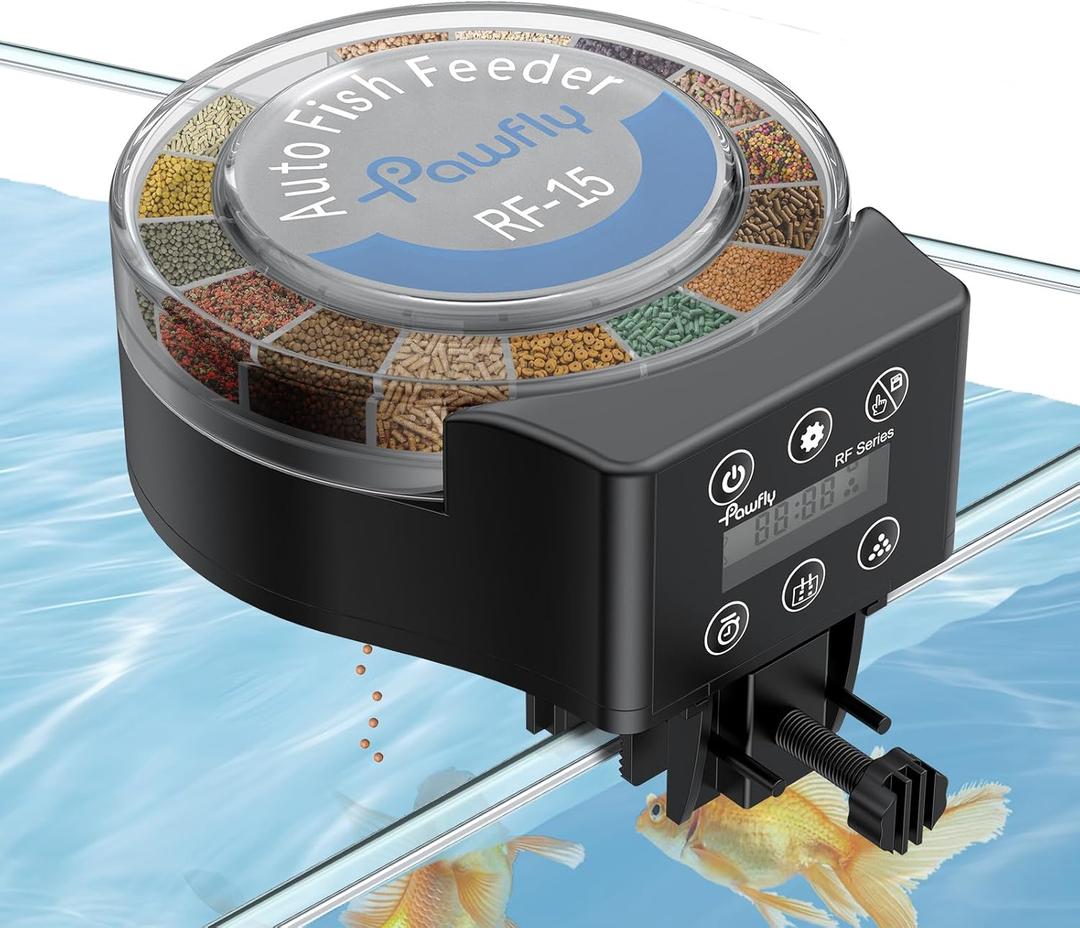 Pawfly Automatic Fish Feeder for Aquarium 108 ml Auto Vacation Timer Adjustable Food Dispenser for Powder Pellets and Granules, Battery Operated (Not Included)