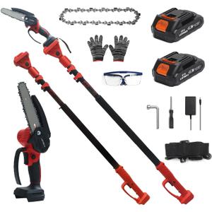 2-in-1 Cordless Pole Saw & Mini Chainsaw for Tree Trimming & Yard Work, Adjustable 1.942.45m Pole, 2 Large Capacity Batteries, Lightweight Pure Copper Motor, Red  Ideal for Homeowners & Gardeners
