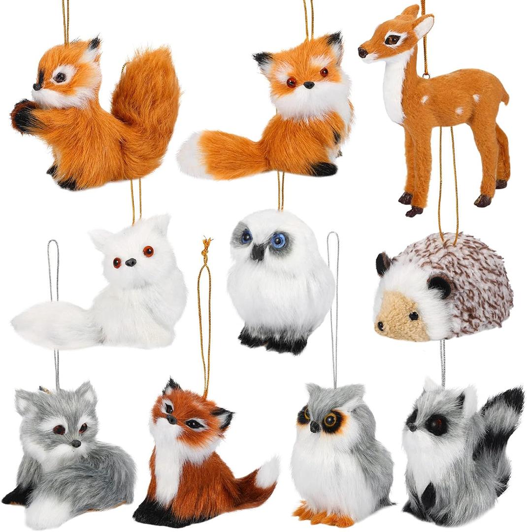 Skylety 10 Pieces Forest Animals Ornaments Woodland Animal Faux Fur Plush Hanging Ornaments Family Educational Playset for Fall, Winter Birthday Party Supplies(Animals)