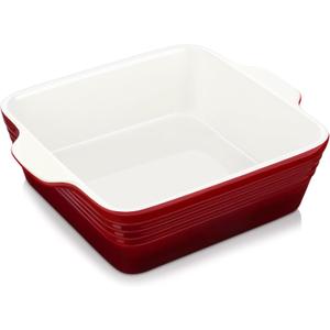 LOVECASA 8x8 inch Baking Pan, 2 Quart Square Cake Pan Baking Dish for Oven, Stoneware Brownie Pan Non-Stick, Casserole Baking Pan with Handle,Ceramic Bread Pans for Baking, Red