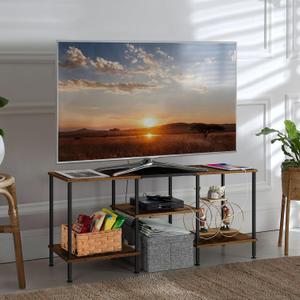 OYEAL Small TV Stand for Bedroom up to 50 inch Farmhouse TV Media Entertainment Center with Power Outlets & Storage Shelf Rustic TV Console Table for Living Room, Rustic Brown