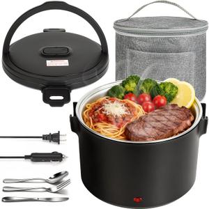 Electric Lunch Box 1.5L, 100W Portable Food Warmer Heated Lunch Box for Car/Truck/Home | 3-in-1 12V/24V/110V Leak-Proof 304 Stainless Steel with Insulated Bag & Cutlery, Black