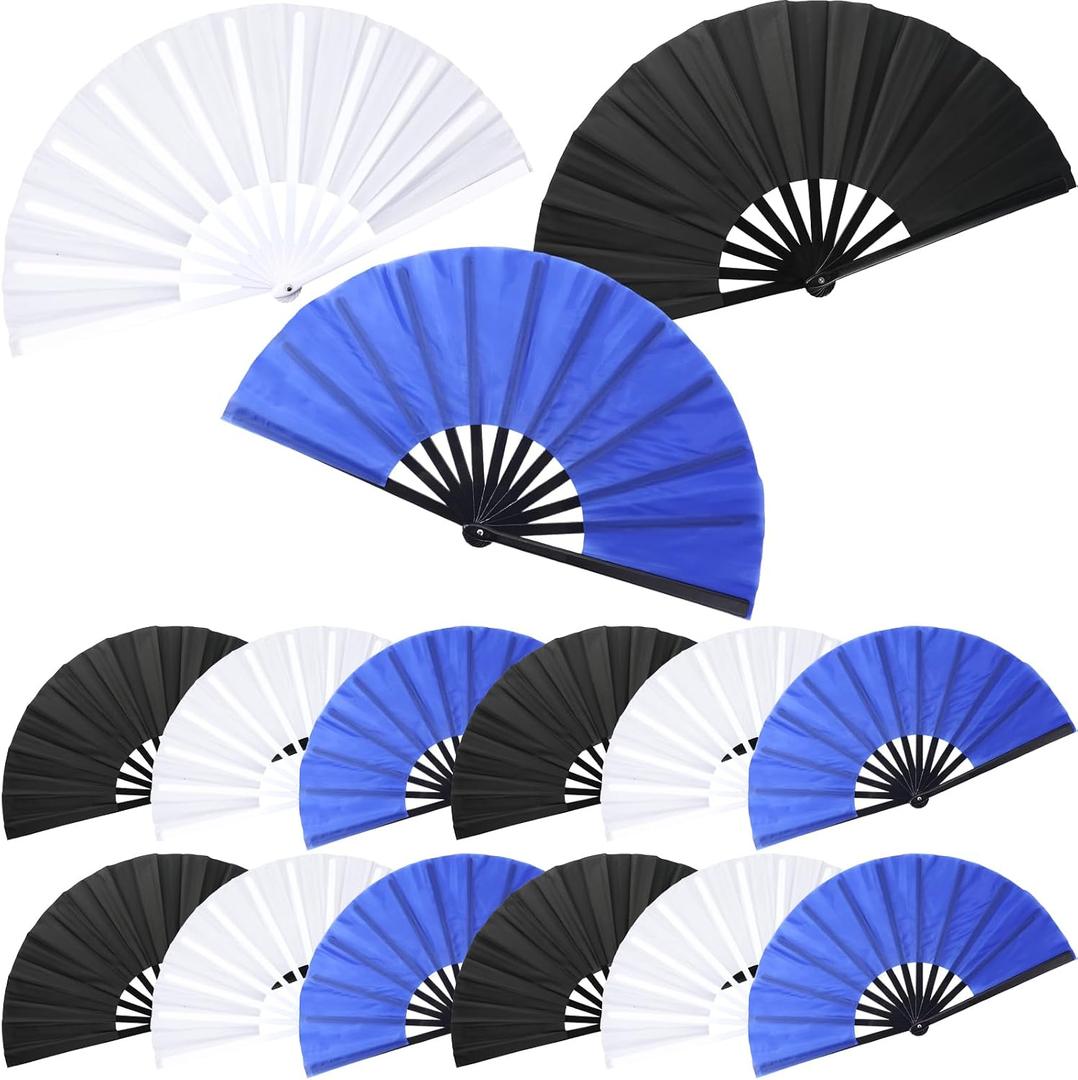 Beeveer 15 Pcs Large Folding Hand Fan for Line Dancing Chinese Kung Fu Tai Chi Clap Raves Fans for Men and Women Festival Dance Wedding Party (White,Blue,Black)