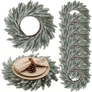 Christmas Placemats Set of 6 Round Greenery Place Mats Xmas Circular Artificial Wreath Dining Table Decor Winter Fake Plants Branches Mats for Kitchen Accessories (Norfolk and Powder Snow)