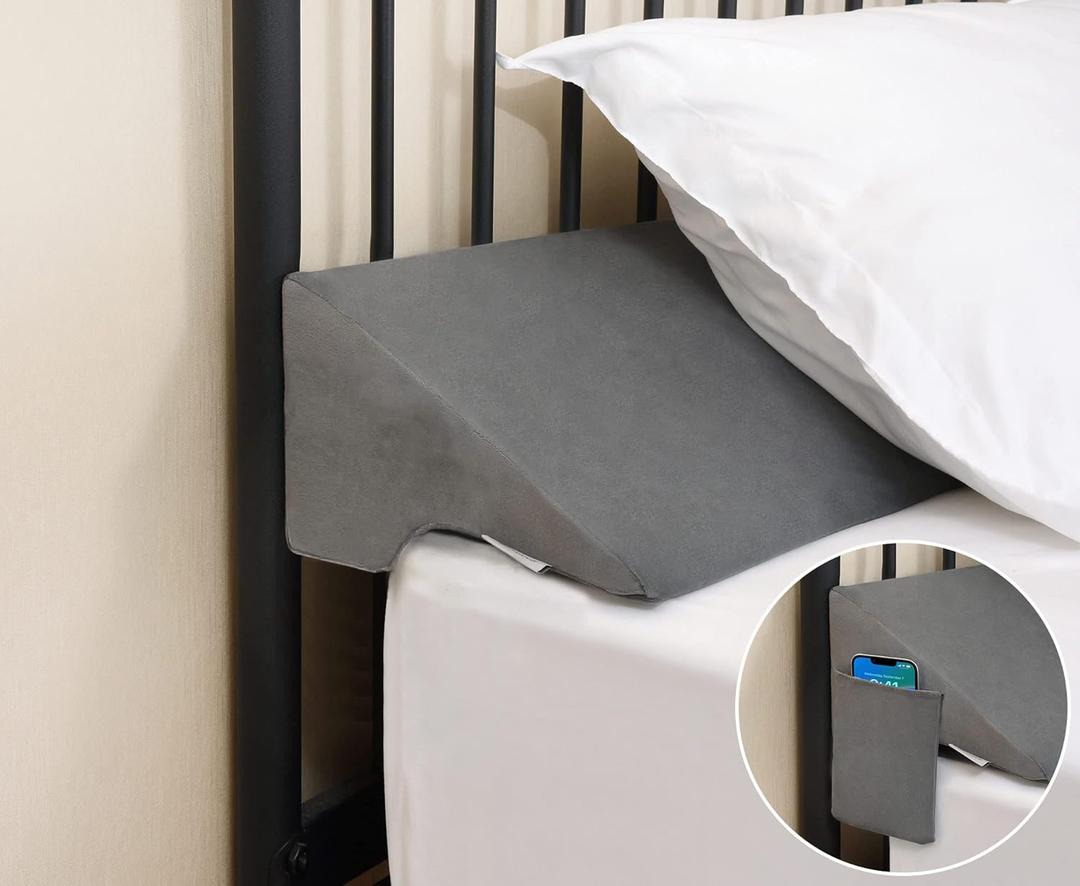 Vekkia King Bed Wedge Pillow for Headboard Gap Filler(0-5"),High-Density Foam,Prevents Pillows & Items from Falling,Ergonomic Design,Large Storage Pockets, Removable&Washable Cover,Gray,76''x10''x6''