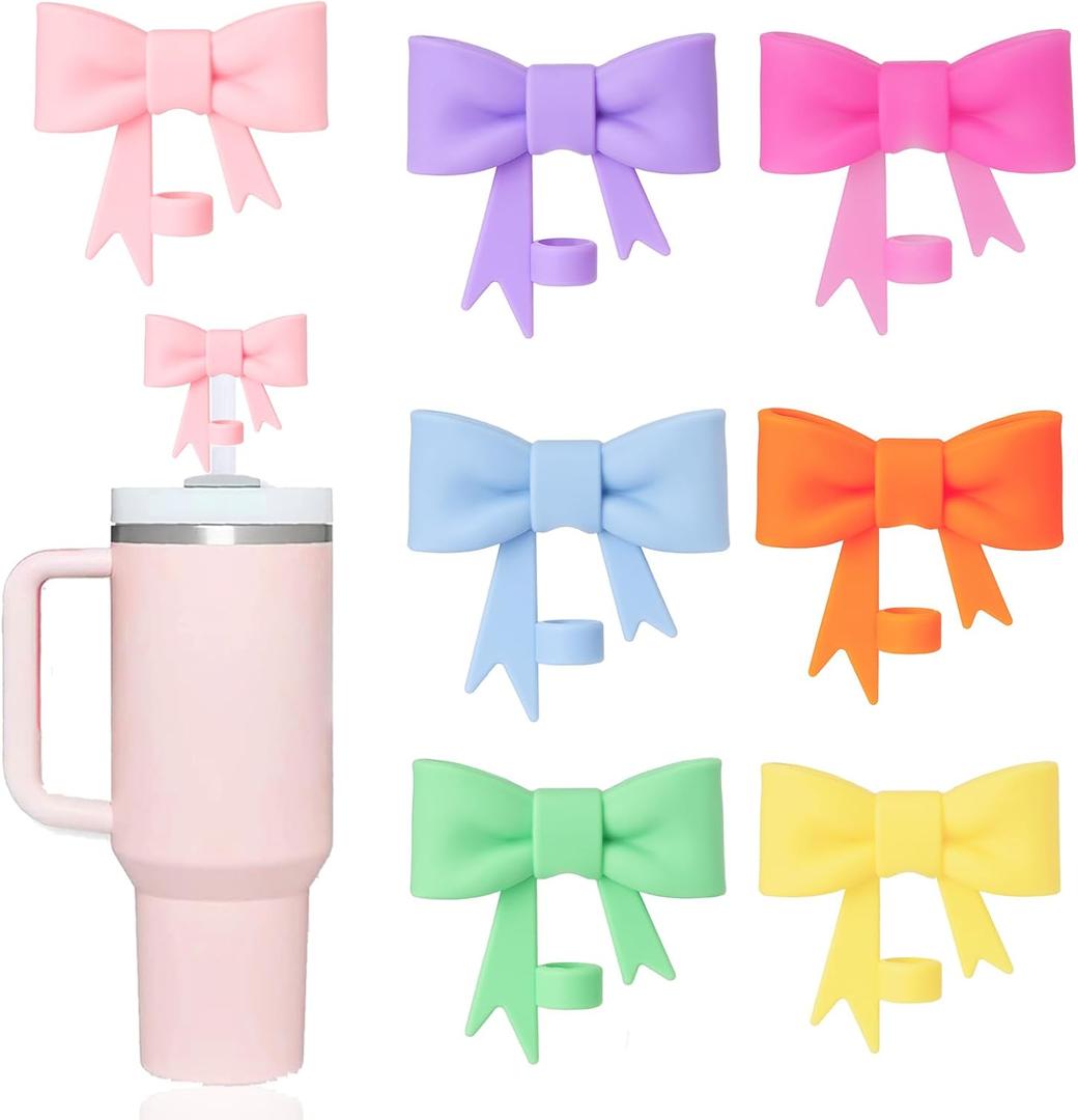 7 pcs Cute Bow Straw Covers Cap Toppers Compatible with Stanley 40/30 oz Tumbler Cups,Reusable Silicone Straws Lids Tips Protectors for 0.4 in/10mm Stanleys Cup Accessories
