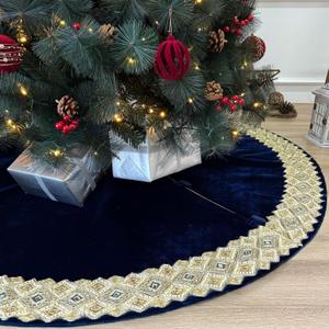 72-Inch Venetian Gilded Christmas Tree Skirt in Velvet with Gold Jeweled Band, Royal Blue