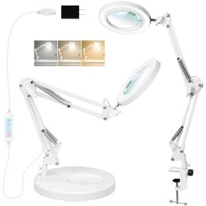 KIRKAS 5X Magnifying Glass with Light and Stand, 2-in-1 Stepless Dimmable LED Magnifying Lamp with Clamp, 3 Color Modes Lighted Magnifier Lens Swivel Arm Light for Reading, Craft, Close Works -White