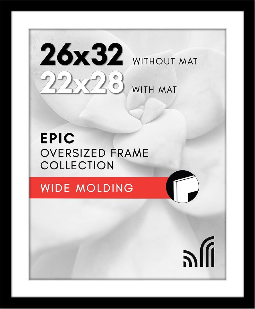 Americanflat 26x32 Picture Frame with Polished Plexiglass - Use as 22x28 Frame with Mat or Display 26x32 Photo Without Mat - Epic Collection - Wide Picture Frames for Wall Display - Black