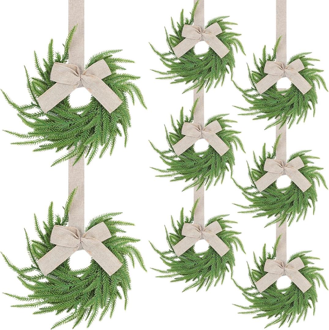 8 Pack Small Christmas Norfolk Wreaths 7.8" Mini Wreaths for Kitchen Cabinets with Bow Ribbon Real Touch Norfolk Pine Decorative Hanging Greenery for Xmas Window Door Farmhouse Decor (Linen Bow)
