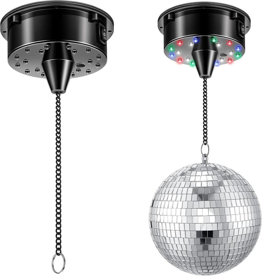 Tuanse 6rpm Rotating Disco Ball Mount Electric Motor with Lights 4 Colors for 6 8 12 Inch Disco Ball (Not Included) 2 Mode for Valentine Party Djs Bands Pubs Weddings Night Clubs(Battery Style)