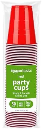 Amazon Basics Disposable Plastic Party Cups, Red, 18oz, 50 Count